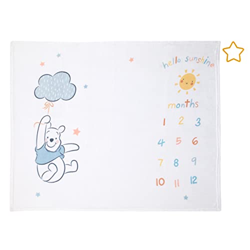 Disney Winnie The Pooh White, Yellow, and Aqua Super Soft Milestone Baby Blanket - color: Disney Winnie the Pooh