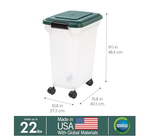 IRIS USA Airtight Pet Food Container, Up to 22 lbs, Green | Made in USA, BPA-Free, Rolling Wheels - size: 22 lbs