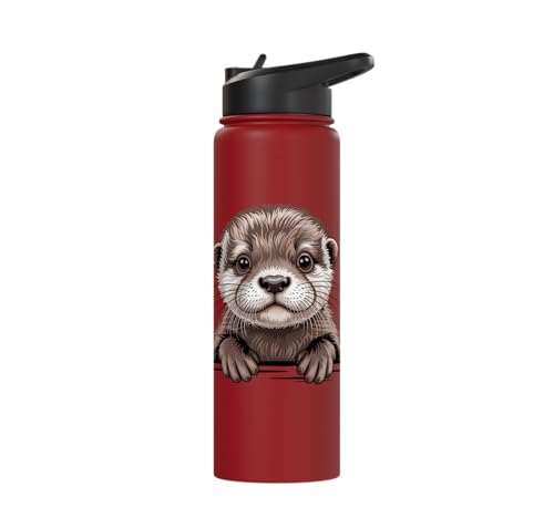 Cute Otter Pup Funny Peeking Pocket Animals Stainless Steel Insulated Water Bottle - color: Red