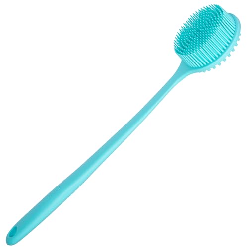 DNC Silicone Back Scrubber for Shower, Soft Bath Body Brush with Long Handle (Blue) - color: Blue