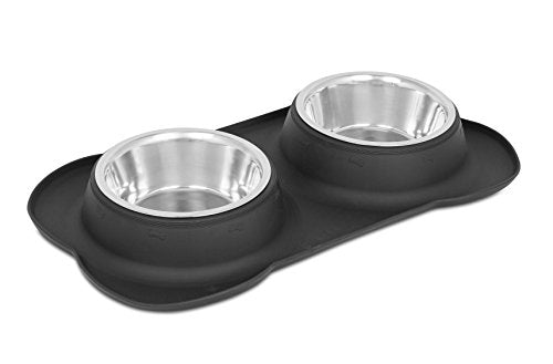 Internet's Best Bone Dog Bowl Set | Double Stainless Steel Pet Food Water Bowls | No Spill Silicone Stand | Large Medium Breeds | Black
