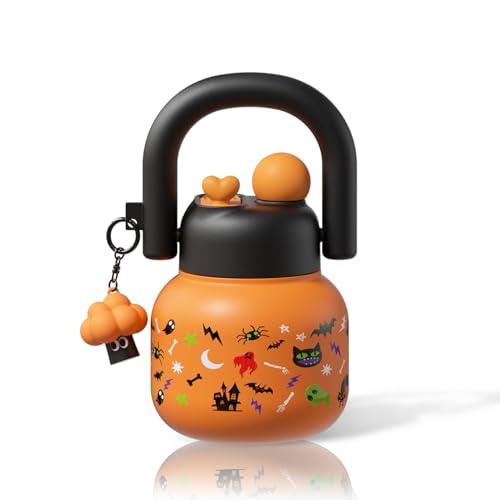 22 oz Tote Insulated Water Bottle with Handle, Leakproof, Halloween | Cute design with durable 316L stainless steel, dual sip, keeps drinks hot or cold longer, travel and everyday hydration - color: Halloween Orange