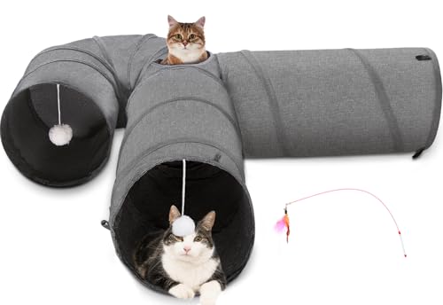 Ownpets 12" Large Cat Tunnel 3-Way U-Shape Oxford Fabric for Large Cat | Silent oxford fabric no noise, expandable 3-channel design, with plush ball ,feather wand, peek hole, for multi-cat household - size: 12 Inches in Diameter