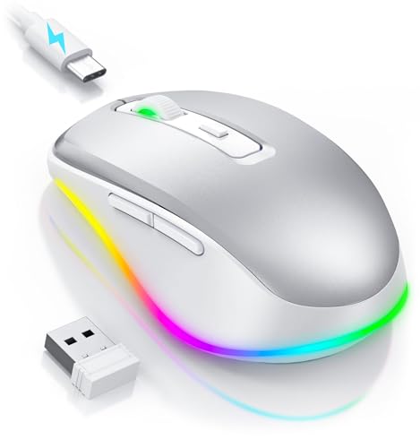 PEIOUS Wireless Mouse Jiggler, LED Mouse with Built-in Mouse Mover, Silver | Rechargeable LED Mouse, Silent Clicks, Adjustable DPI and Random Movement Keep Computers Awake for Laptop/PC/Mac - color: Silver
