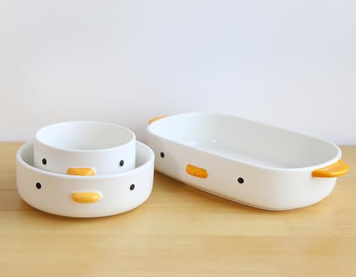 PURROOM Cute Duck Baking Dish, Ceramic Casserole Dish, White Porcelain Pie Pan, 10x7 in Medium Baking Pan with Handles, Oven Safe & Durable Bakeware for Lasagna. - size: 10x7'' Baking Dish