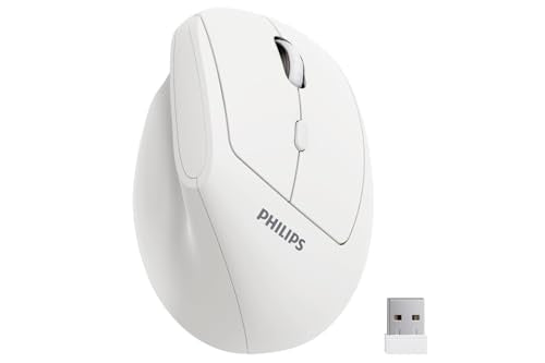 PHILIPS SPK7628 Ergonomic Mouse, Vertical Wireless Mouse for S/M Hands | 2.4 GHz Wireless Mouse for Laptop and Desktop, 800/1200/1600 DPI, 6 Silent Buttons, Right-Handed, Lightweight, Auto Sleep - color: White