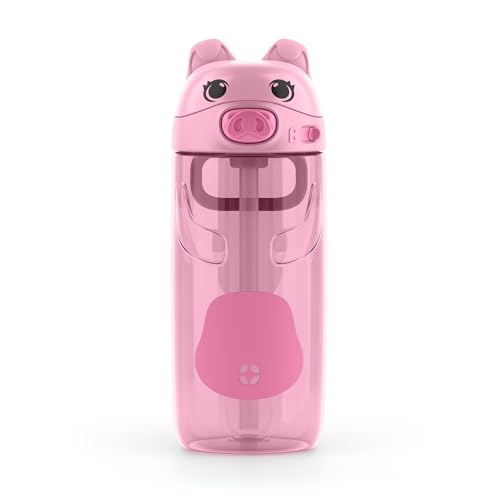 Ello Ellies 16oz BPA-Free Plastic Leakproof Kids Water Bottle, Pig | Animal shaped plastic kids water bottle with straw, leakproof locking lid, carry handle, & BPA-free design for school lunches - color: Pig, size: 16 Ounces