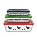 Borosilicate Glass Meal and Food Storage Container, Rectangle Shape, 6 pc Set (3 Containers - 3 Lids), Farm-style Rooster Design