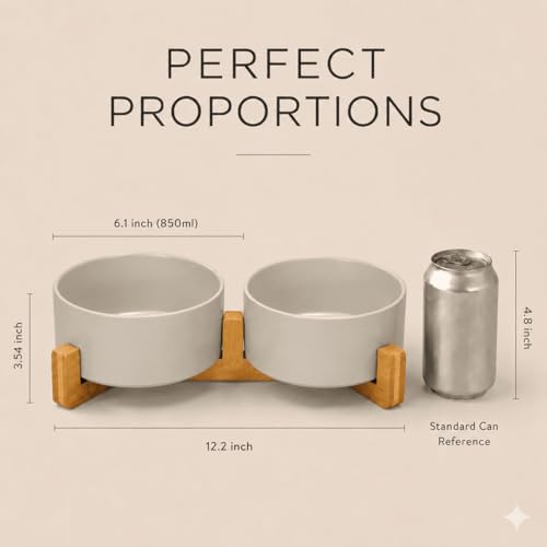 SPUNKYJUNKY Ceramic Dog and Cat Bowl with Wood Stand Non-Slip Matte Glaze Weighted Food Water Set for Cat Medium Dog 28.7 OZ - color: Grey × 2, size: 3.6 cups