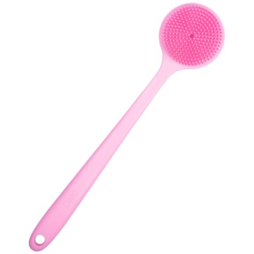 DNC Silicone Back Scrubber for Shower, Soft Bath Body Brush with Long Handle (Pink) - color: Pink