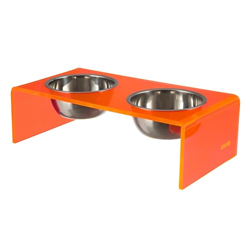 DBL2000E Keaton 5" Small/Medium Modern Acrylic Rectangular Elevated Pet Feeder with 20oz 2-Stainless Steel Bowls, Pink/Chrome - color: Pink/Chrome, size: 20 Ounces (5" Cups 2-Pack)