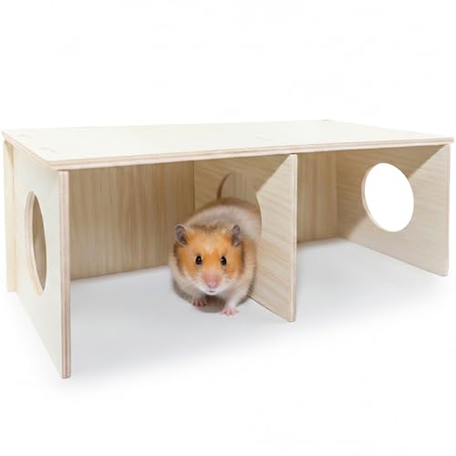 Hamster Peep Tunnel, 2-Chamber Wooden Hamster Hideout, Water-Resistant Platform for Syrian Hamsters and Small Pets, 11" x 5.3" x 4.3" - size: Large for Syrian Hamster