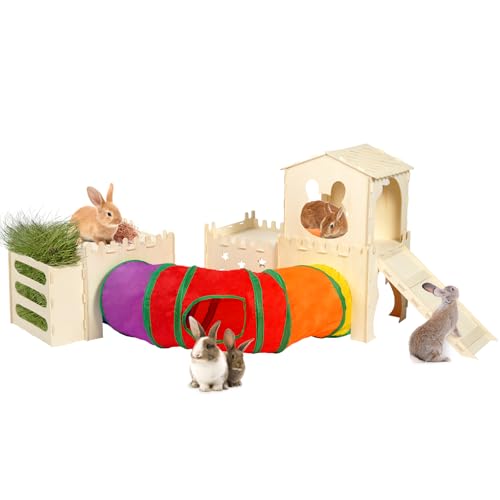Extra Large Wooden Rabbit Hideout with Tunnels and Hay Feeder - Multistory Bunny Castle with Stairs, Climbing Tower and Sturdy Habitat for Indoor Bunnies, Guinea Pigs, Chinchillas Small Animal - color: -Natural -02