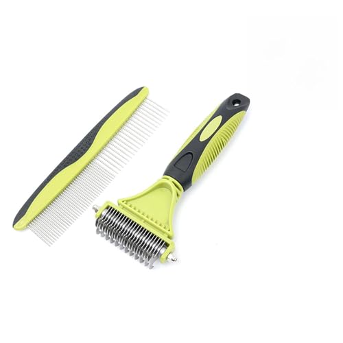 2-in-1 Pet Grooming Brush & Undercoat Rake, Double-Sided Hurtless Dematting Comb for Dogs & Cats, Universal Detangling, Shedding & Slicker Brush, Pet Grooming Tool for Removing Old Hair (Green)