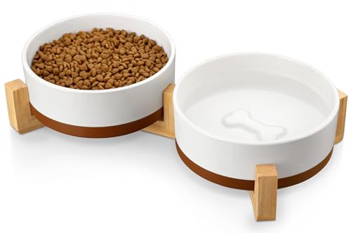 MALACASA Ceramic Dog Bowls Set with Wood Stand, 3.5 Cups Pet Bowls for Medium Dogs with Non-Slip Base, Large Puppies, Cats, Retrievers, ect.Pet Food & Water Basic Bowls Set, Weighted Glaze Matte.34 OZ - color: Vanilla White（2 PCS with Stand）, size: M-3.5