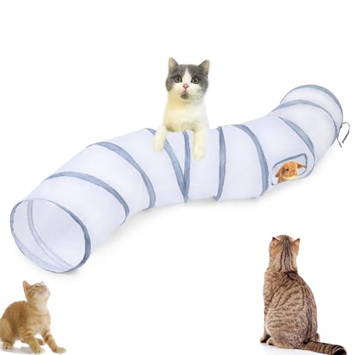 Cat Tunnel, Cat Tunnels for Indoor Cats, S-Shape Foldable Cats Cave | Interactive Toy Pet Tube with Interactive Peephole Crinkle Sounds for Rabbits, Kittens, Ferrets, Puppy Playing & Exploring - color: S - 2 Way White Gray