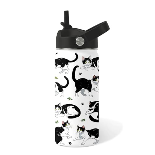 Girls Water Bottle, 16oz Black Cat Insulated Water Bottle with Straw (1pc) | BPA-Free, Leak Proof, Stainless Steel, with Handle, Kids Water Bottle for School, Boys, Travel, Cats Lovers Gifts Cup - color: Cow Cat, size: 16 Ounces
