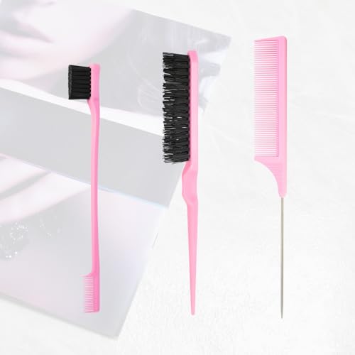 3 Pcs Slick Styling Hair Brush Set, Rat Tail Comb,Edge Bristle Brush, Teasing Brushes for Edge Back Brushing, Combing, Slicking Hair for Girls, Kids(Pink）