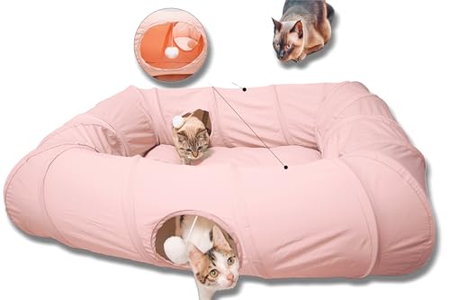 XxingSheep 4 Ways Shuttled XL Cat Tunnel Bed for Indoor Cats Peekaboo Cat Cave Donut with Cool Mat (Pink) - color: Pink, size: Extra Large