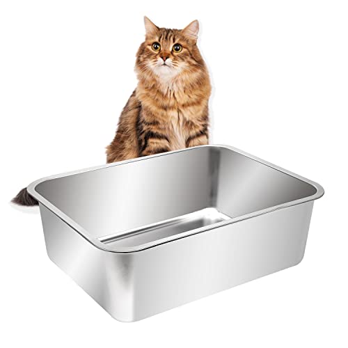 Kichwit Extra Large Stainless Steel Open Cat Litter Box with High Sides, Metal Litter Pan for Cat, 23.6 x 15.7 x 5.9 Inches - size: 23.6" L x 15.7" W x 5.9" H (without Lid)