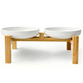 Shallow Elevated Cat Bowls with Bamboo Stand, 6.1 Inch Wide Ceramic Cat Dish Whisker Friendly, 2 Pack Pet Food and Water Plates - color: White elevated