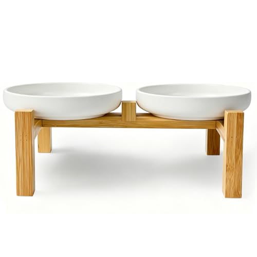 Shallow Elevated Cat Bowls with Bamboo Stand, 6.1 Inch Wide Ceramic Cat Dish Whisker Friendly, 2 Pack Pet Food and Water Plates - color: White elevated