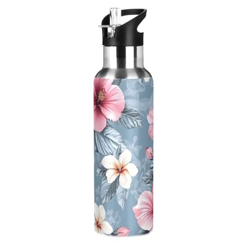 Pink Hibiscus Flower Water Bottle Girls with Straw Lid | Stainless Steel Water Bottle Leak Proof Boys Girls Insulated Tumbler Cup for School 20 oz - color: Multi24
