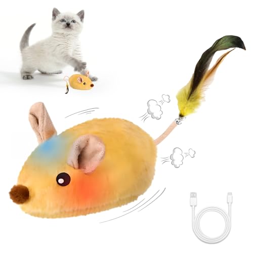 Interactive Mouse Cat Toy, Automatic Moving Fake Rat Mouse Cat Toy, Realistic Rechargeable Dog Mouse Toy with Sound & Feather & Bell, Prank Joke Scary Trick Rats for Cats Dogs - color: Yellow