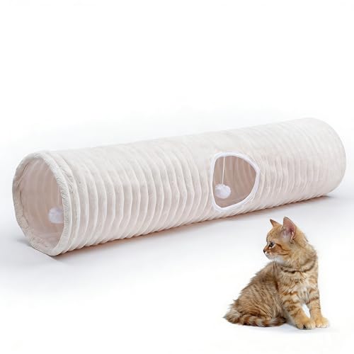 Luxurious Cat Tunnel,43" Straight Cat Tunnel Toys with Balls for Indoor,Collapsible Peekaboo Cave for Kitten （White Stripe）