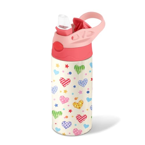 Heart 12 oz Water Bottle with Straw – Kids Stainless Steel Vacuum Insulated Cup, Leakproof Pop-Up Spout, Reusable Travel Mug for Boys and Girls Outdoor Sports - color: Heart1