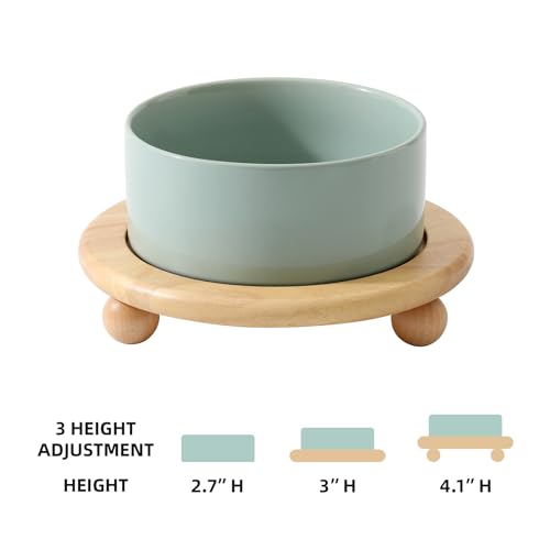 Havniva Raised Cat Bowl 6.1” Elevated Ceramic Cat Food and Water Bowl | Cat Bowls Elevated, Whisker Friendly Cat Bowl, Non-Slip Wood Stand, Food-Grade Ceramic, Wide Opening, Dishwasher Safe - color: 1 x Bowl + Stand - Light Green, size: 6.1inch