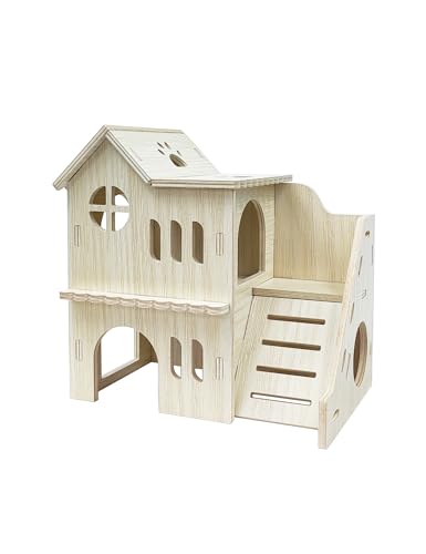 Hamster Hideout Cage Accessories - Hamster House and Habitat Wooden Hide Hut with Climbing Ladder for Dwarf Gerbils and Mouse Mice Rat Other Small Animals etc.