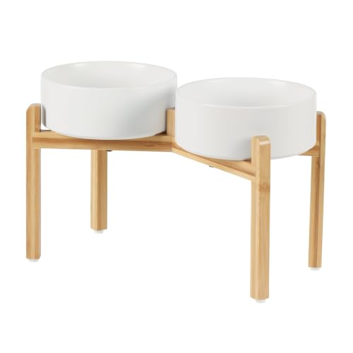 Havniva Dog Bowls Elevated, Ceramic Dog Food and Water Bowl Set | 8.3” Raised Dog Food Bowl, Elevated Dog Bowls with Bamboo Stand, Non-Slip Dog Water Bowl for Large Dog, Large Capacity - color: Matte White, size: 8.3" - 2 Bowls+Stand