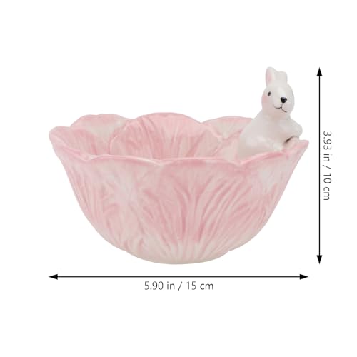 Yardwe Pink Ceramic Bunny Bowl, 5.9 Inch Cabbage Leaf Shaped Rabbit Dish for Easter Candy Dessert Snack, Cute Porcelain Animal Cereal Soup Serving Bowl for Home Kitchen Table Decoration