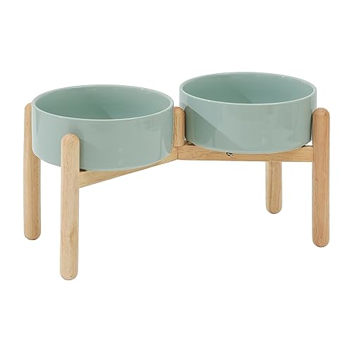 Havniva Elevated Dog Bowls Ceramic Dog Bowls with Stand, Dog Food Bowl | 8.3” Raised Dog Bowls with Non-Slip Wood Stand, Dog Food and Water Bowl Set, Double Dog Feeding Bowls for Large Dogs - color: 2 Bowls+Stand - Light Green, size: 8.3inch