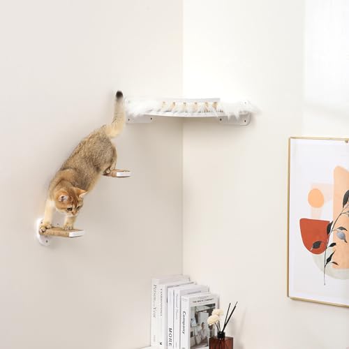 3-in-1 Cat Climbing Wall Steps with Hemp Rope, Shelves and Perches - Wall-Mounted Cat Furniture Set with Scratching Pads (White) - color: White