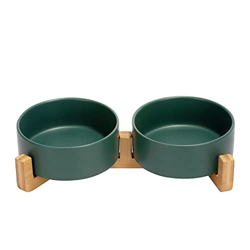SPUNKYJUNKY Ceramic Dog and Cat Bowl with Wood Stand Non-Slip Matte Glaze Weighted Food Water Set for Cats &Small Dogs 13.5 OZ Green - color: Green × 2, size: 1.7 cups