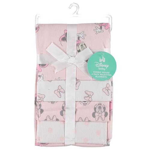 Disney Baby 4-Pack Receiving Blankets — 100% Cotton Flannel, 28" x 28" — Available in Mickey, Minnie, Pooh, Stitch or Angel — Soft Swaddle, Burp & Stroller Blankets — Gift-Ready with Ribbon Bow - color: Minnie Mouse Bows