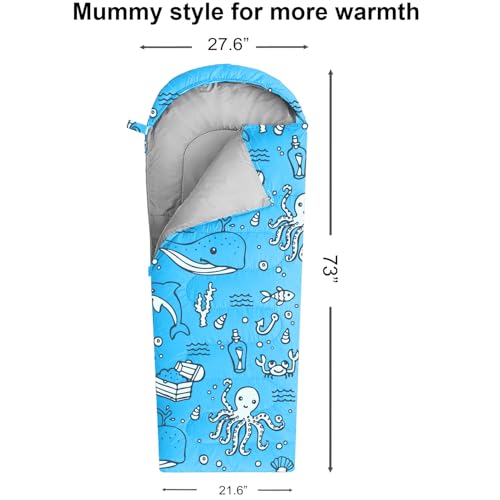 KidzAdventure Mummy Style 32 – 59F Kids Sleeping Bag with Pillow Sleeve, 4 Season, Lightweight and Backpacking Style, Ideal for Camping, Sleepover, Boys, Girls, and Youth - color: Aqua youth up to 5\'7"