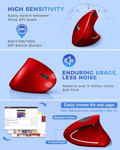Ergonomic Mouse, Vertical Wireless Mouse 2.4G Rechargeable Optical Vertical Mouse High Precision Optical Mouse Adjustable800/1200/1600 DPI 6 Buttons, for Laptop etc, Red,Specially for Right-handers - color: Red - Right hand - rechargeable