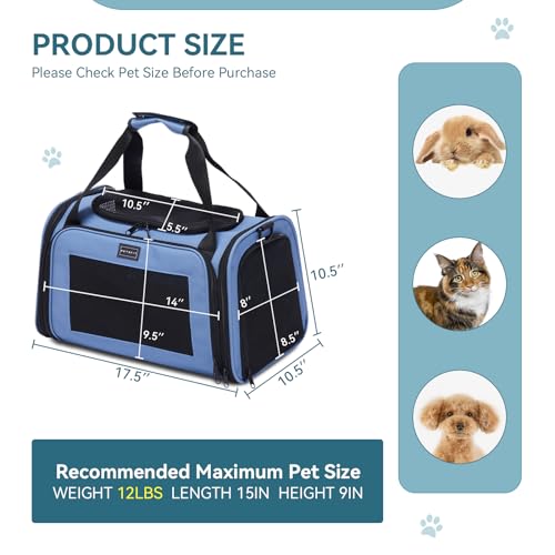PETSFIT Pet Carrier, Blue, Small and Medium Cats, Puppies Up to 12 Lbs | Dog Carrier, Airline Approved, Collapsible Soft Sided, TSA Approved, Cat Travel Carrier - color: Blue, size: Medium