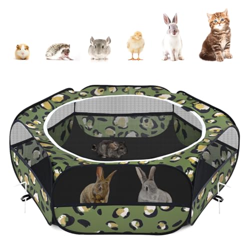 Pawaboo Small Animal Playpen with Zippered Cover, Leopard Print | Portable pop-up pet tent for supervised rabbits, guinea pigs, chicks and kittens; water-resistant bottom and 3 metal rods - color: T-Leopard Print