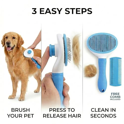 Self Cleaning Pet Grooming Brush for Dogs & Cats – Deshedding Slicker Brush with Hair Removal Button, Gentle Skin Safe with Free Comb
