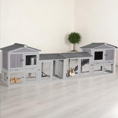 Large Rabbit Hutch Indoor and Outdoor, Bunny Cage with Leakproof Tray and Anti-Chewing Ramp, Wooden Rabbit House for Guinea Pig, Chickens, Duck (Two Sets-Grey) - color: Grey, size: 114"L x 21.3"W x 33.4"H