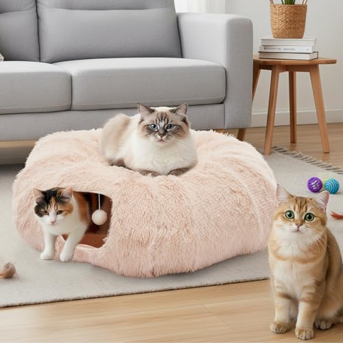 DUMOS Cat Tunnel Bed for Indoor Cats, Cave Donut Play Tunnel, Cream | Soft Plush Peekaboo, Washable Circle Cushion, Multifunctional Playground Under Tree Toys for Kittens, Puppy, Rabbit, Ferret - color: Cream