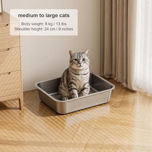 Large High Sided Stainless Steel Cat Litter Box | Sturdy Metal, Odor-free, Cat Litter Non-stick and Easy to Clean, Ideal for Indoor Cats, Kittens and Multicat Houses - size: 19.69"L x 13.78"W x 3.94"H