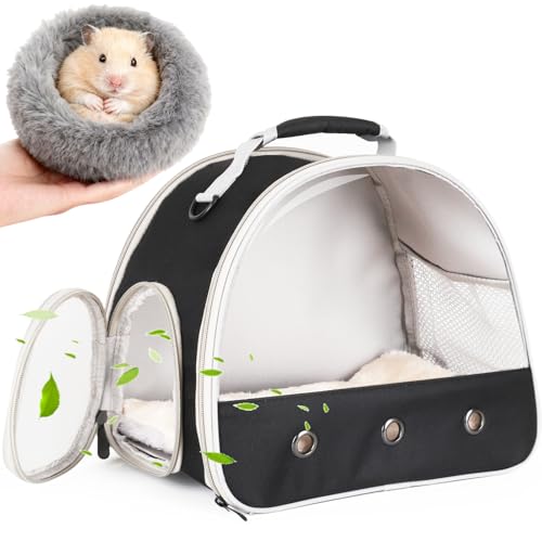2-Pack Guinea Pig Carrier and Burrowing Bed, Portable Small Animal Cage with Clear Window, Plush and Fluffy Hideaway Pet Bed for Piggies, Hamster - color: Black