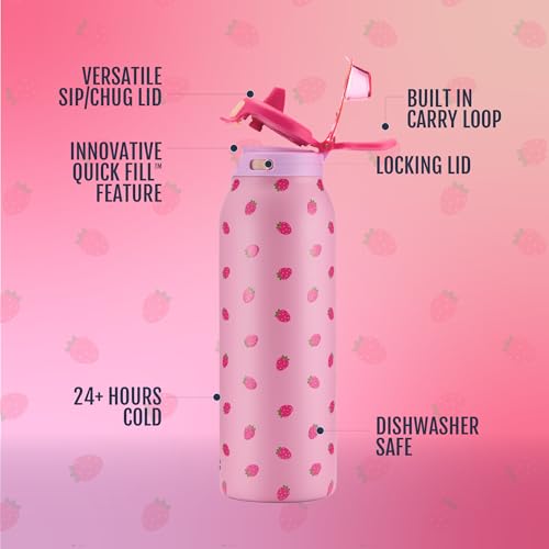 Ello Pop & Fill Insulated Stainless Steel Water Bottle with Quick Fill Lid, Leakproof Locking, Sip or Chug Spout, BPA-Free, Double Wall Vacuum Insulated for Sports, Travel & School- 22oz / 32oz / 40oz - color: Strawberries, style: 32oz