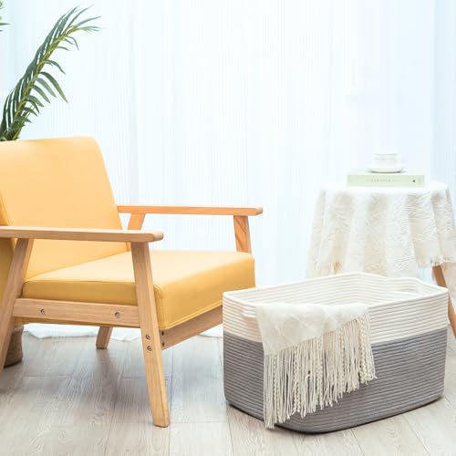 22in Extra Large Blanket Basket Holder Living Room, Rectangle Rope Woven Storage Basket with Handles for Laundry, Pool Towels, and Shoes, Dog Toy Organizer Bin Box, Gray - color: Gray