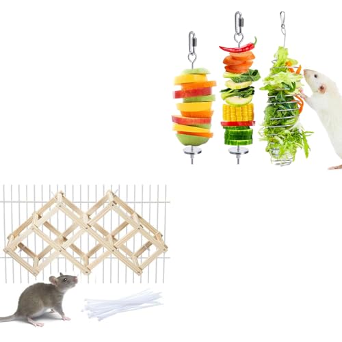 3Pcs 304 Stainless Steel Rat Foraging Feeders,1pc M Wooden Rat Climbing Toys,Hanging Rodent Cage Accessories,Fit Rats Mice Parakeet
